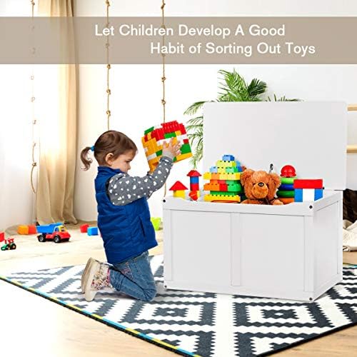 COSTWAY Kids Toy Storage Box, Wooden Children Toys Chest Organizer Cabinet Bench with Flip-Top Lid and Safety Hinge for Playroom Bedroom (White)
