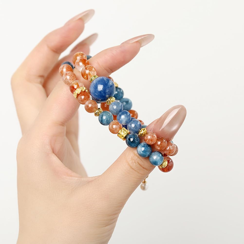 Bracelet en Cyanite Naturelle, Pierre de Soleil et Agate Rouge – Bijoux en Perles de Cristal Bleu, Or et Rouge pour la Communication, la Joie et la vitalité, Cadeau élastique