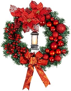 GloBrite 40cm Christmas Wreath Village with Bows, Baubles & Lantern | Christmas Wreaths for Front Door | Christmas Door Wreaths Home Decor Christmas Decorations Christmas Outdoor Decorations - Red