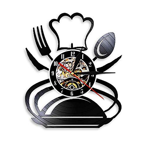 Diameter 30cm Cutlery Wall Clock Spoon Fork Knife Vinyl Record Creative Quartz Mounted Watch Kitchen Restaurant Home Horloge Murale Decor 7 Colors Changable Remote Control