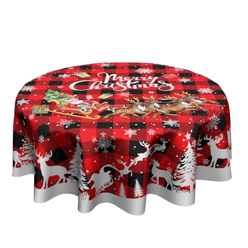 Granbey Christmas Reindeer Round Table Cloth - Red Xmas Buffalo Plaid Tablecloth 60 Inch Winter Snow Snowflakes Table Cover Decorative for Christmas Holiday Kitchen Party Home