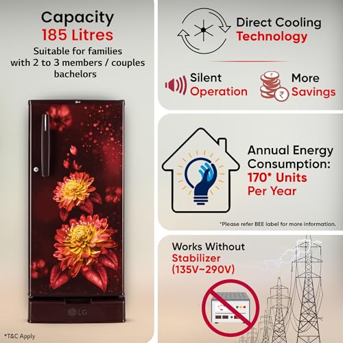 Image of LG 185 L, 2 Star, Direct Cool Single Door Refrigerator (GLD1925XOSF, Scarlet Florance, Base stand with Drawer)