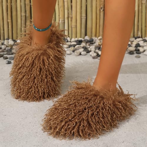 Image of Unisex Fuzzy Faux Fur Slippers, Women's Fluffy Long Hair Sheep Faux Fur Slip on Slides, Girls Luxury Big Fluffy Outdoor Flat Slippers, Long Curly Hair Non-Slip Warm Home Slide Shoes