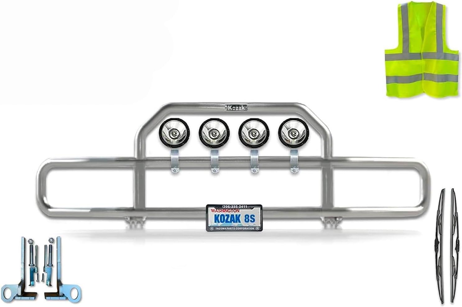 Chrome Front Grille Deer Moose Brush Bumper Guard with 4X 6 LED Lights Compatible with Kenworth T660 Plus Mounting Brackets, Logo, 22'' Wipers, License Plate Holder and Frame, Vest