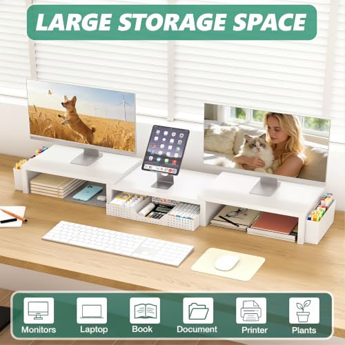Image of OPNICE Desk Organizer and Accessories, Computer Monitor Stand Riser with Drawer and 2 Pen Holders, Laptop Stand, Office Desk Accessories for Office Supplies, White
