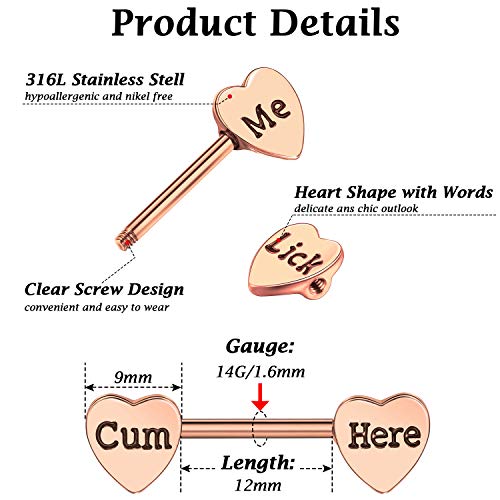 6 Pairs Heart Shaped Nipple Tongue Rings 14G Stainless Steel Nipple Barbell Rings Body Piercing Jewelries For Women (Rose Gold) #TOP2