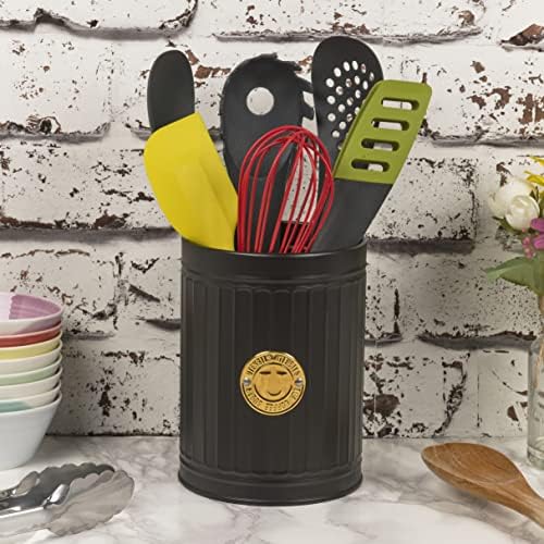 Black Kitchen Utensil Holder, Carbon Steel Utensil Jar, Corrosion-Resistant Coated Finish, Seamless Construction, Stylish Utensil Pot for Sleek Kitchen Décor, 17 x 13 cm (Utensil Holder)