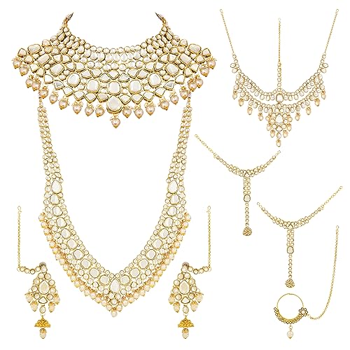 I Jewels Wedding Collection Traditional Ethnic Gold Plated Pearl & Kundan Stone Work Bridal Jewellery Set For Women (Maroon) (BLP032W)