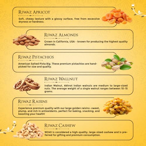 Image of Riwaz Luxury Genda Flower Dry Fruit Gift Box | Premium Hamper with Almonds, Cashews, Pistachios, Walnuts, Raisins & Khumani | 6-Section Gourmet Assortment for Corporate, Wedding & Festive Gifting ( 650g )