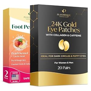PLANTIFIQUE Masque Pied Peeling Pêche - Chaussette Exfoliante Pieds très Secs et Abîmés - 2 Paires & Skincare Patch Yeux Anti Poche Cernes - Soin Visage Anti Rides - 20 Paires