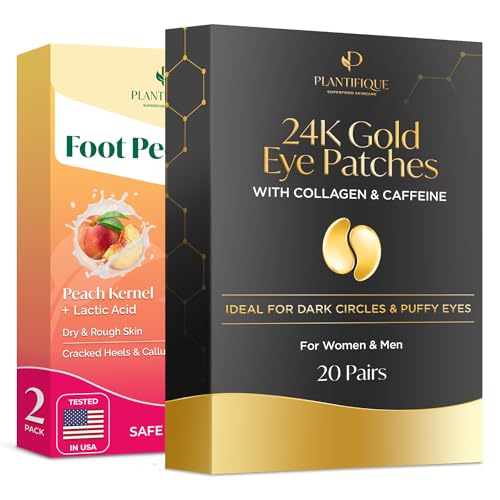Image of Plantifique Foot Peel Mask - 2 Pairs Exfoliating and Dermatologically Tested Foot Treatment & Gold Under Eye Patches 20 Pairs for Dark Circles, Puffy Eyes and Bags
