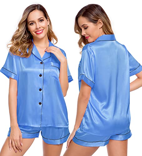 Image of LecGee Womens Silk Satin Pajamas Short Sleeve Loungewear Two-Piece Sleepwear Button-Down Pj Set