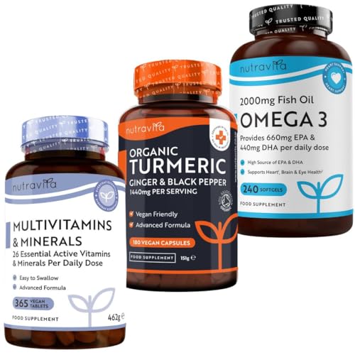 Nutravita Multivitamin + Turmeric + Omega 3 Bundle - High Strength Multivitamins & Minerals (365 Tablets), 1440mg Turmeric with Black Pepper and Ginger (180 Capsules), 2000mg Omega 3 (240 Softgels)