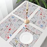 UREJD Tischsets Abwaschbar 4 Set,Vinyl Platzsets Abwaschbar für küche Speisetisch Hotel,Kaffeehaus,Festsaal,Platz-Matten,Paris, Frankreich Themenbild mit französischer Flagge Hunde Eiffelturm,30x45cm
