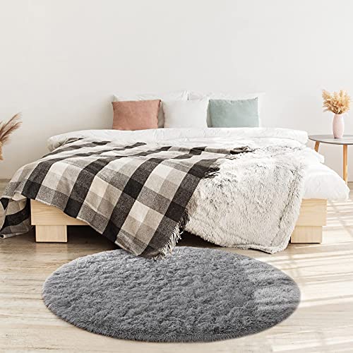Yj.gwl Fluffy Round Rug Nursery Rug, Grey Circle Rug Kids Rug For Playroom, Fuzzy Rug Circular Carpet For Bedroom Living Room, Shaggy Rug For Cute Room Decor For Baby Teen Girls, 4 X 4 Feet #TOP2