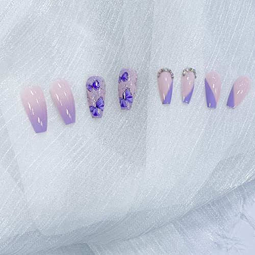 24 Pcs Medium Length Press On Nails Coffin Rhinestones Fake Nails French Purple Butterfly And Sequins Design Artificial Acrylic Full Cover False Nail For Women And Girls #TOP4