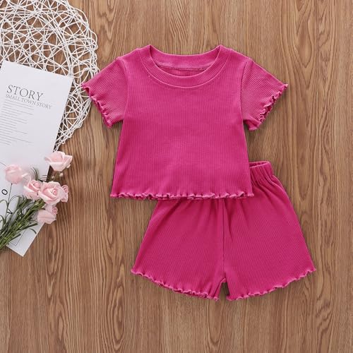Image of Toddler Girl Clothes Summer Outfit Short Sleeve Shorts Set 12M-5T | Soft ribbed knit toddler girl outfit with breathable fabric, ruffle top, comfy shorts and stretchy fit for summer daily wear.
