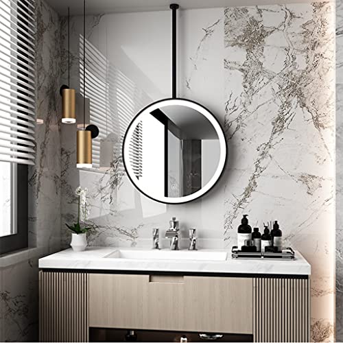Miroir de salle de bain éclairé par LED rond suspendu au plafond avec perche noire