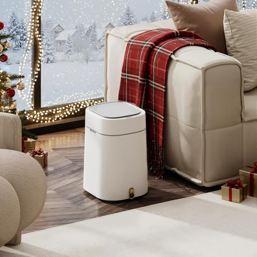 WLIVE 3.2 Gallon / 12 Liter Automatic Bathroom Trash Can, Motion Sensor Bathroom Trash Can with Bag Fixing Ring, Quiet Small Waste Basket for Kitchen, Office, Bedroom, Living Room, White
