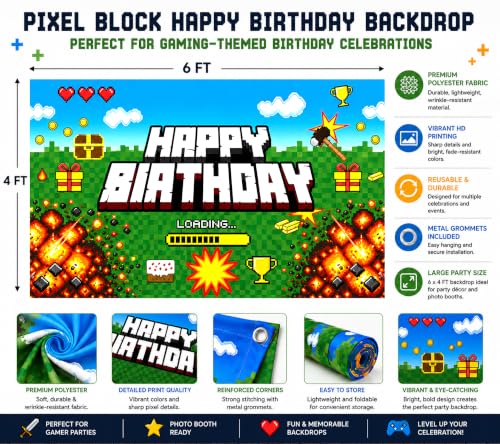 Image of Happy Birthday Banner Boy 5x3ft Birthday Sign Village Gaming Birthday Party Decorations Videogame Themed Banner Video Game Decorations Video Game Happy Birthday Backdrop for Boys