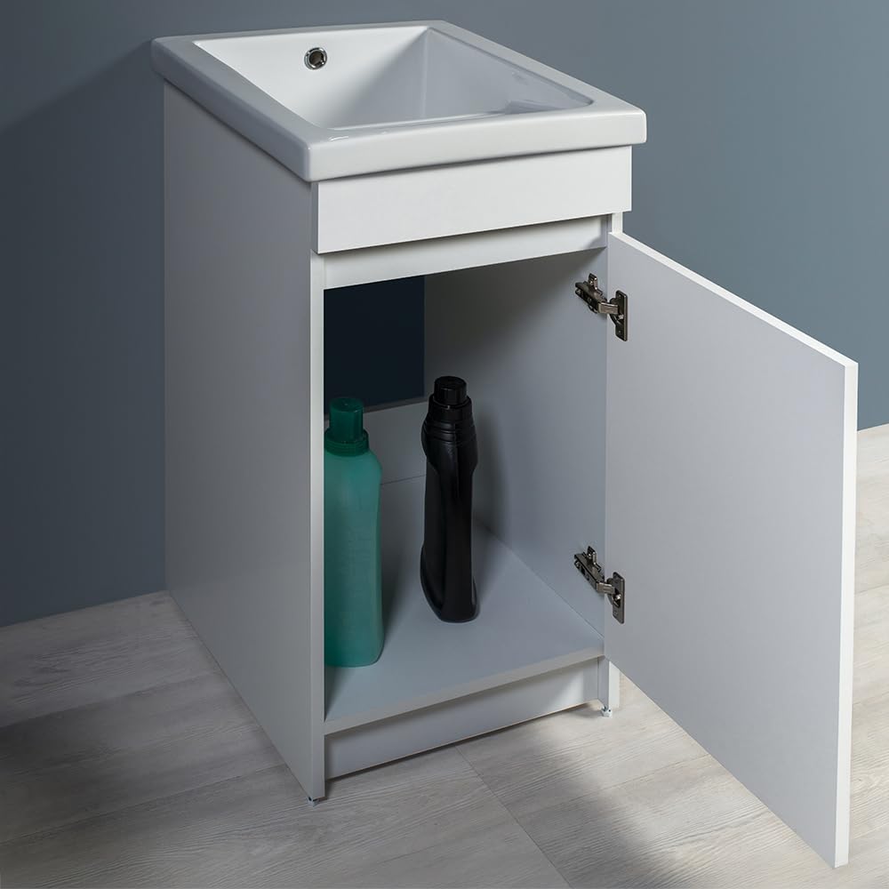 Mobile Lavatoio 45x51 Cm Con Vasca In Ceramica E Strofinatoio, Struttura In Legno Nobilitato Bianco Opaco Con Un’Anta Apribile A Gola, Già Montato Con Kit Di Scarico Incluso
