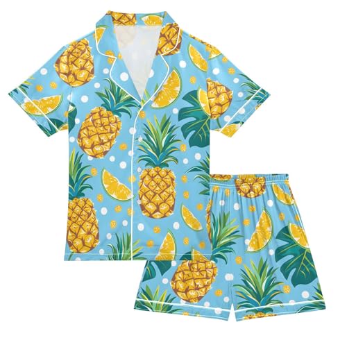ALAZA Tropical Palm Leaves Pineapple Blue Pajamas Satin Pajama Set Short Sleeve Button Down Sleepwear