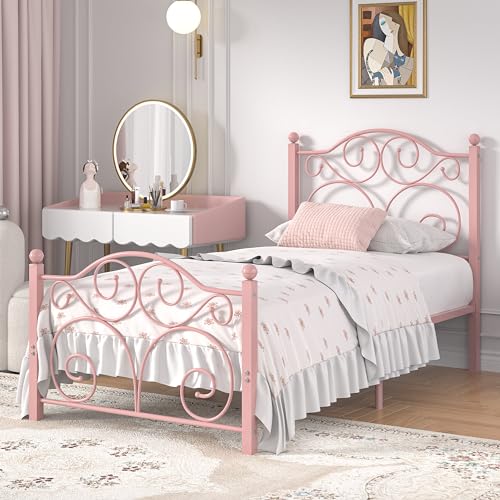 Image of VECELO Twin Size Bed Frame with Headboard and Footboard, Heavy Duty Metal Slat Support, Platform Mattress Foundation, No Box Spring Needed, Easy Assembly, Light Pink