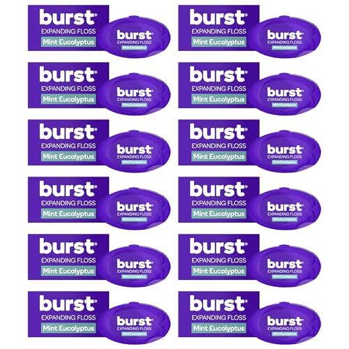 BURST Travel Expanding Dental Floss (12 Pack 5.5 Yards Each) | Mini Mint Eucalyptus Tooth Floss for On-The-Go | Stain Absorbing Xylitol-Coated Vegan | Paraben Free Expanding Floss
