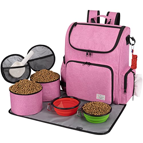 Modoker Dog Travel Bag Backpack, Airline Approved Pet Accessories Organizer for Dog and Cat with Shoulder Strap, 2 Dog Food Storage Containers, 2 Collapsible Dog Bowls,1 Pet Mat, Pink