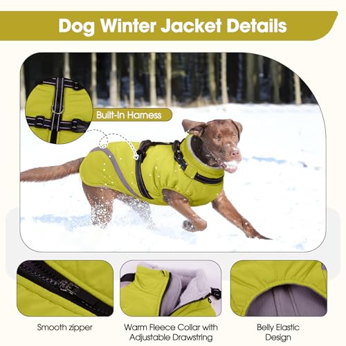 Image of BRKURLEG Dog Winter Jackets for Large Dogs, Dog Coat with Harness Built in, Dogs Snowsuits with Zipper, Waterproof Windproof Pet Puffer Jacket Fleece Vest for Labrador, Dalmatian, Green XXL