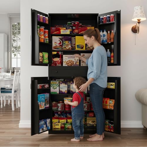 VOWNER Credenza Cucina, Mobile Buffet, Credenza Salvaspazio, Mobile Dispensa, Armadio Dispensa, 4 Ripiani Regolabili, 12 Ripiani su Ante, MDF, 183H x 76W x 40Lcm (Nero) - immagine 6