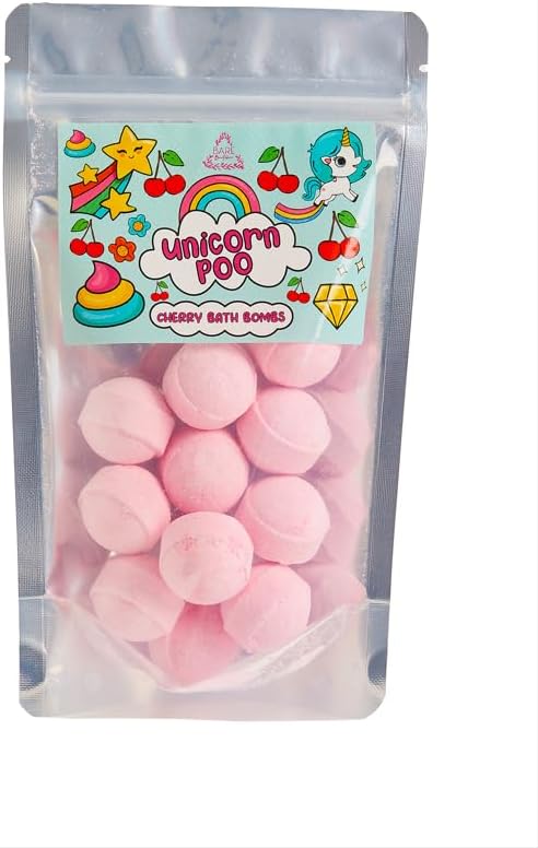 Unicorn Poo Bath Bombs. 12 Peruvian Cherry Scented Mini Bath Bombs. Lasts up to 12 Baths - use as Many or as Few as Needed. Made in The UK. Ideal Unicorn Birthday Gift, Christmas Stocking Filler.