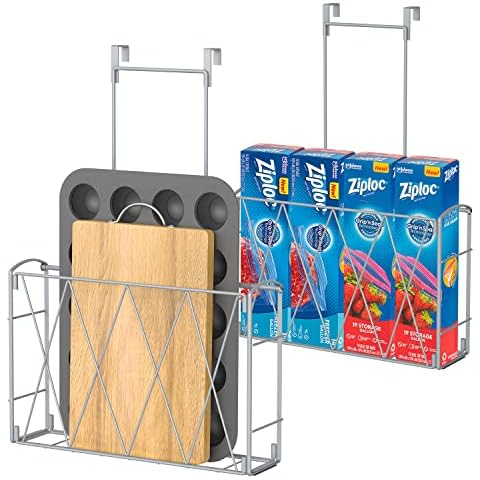 CLTYQ 2 Pack Over the Door/Wall Mount Cabinet Organizer Storage Basket for Kitchen or Pantry to Place Cutting Board, Aluminum Foil, Plastic Wrap Mesh Silver Cover