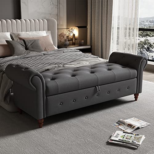 Oduwa Storage Bench For Bedroom End Of Bed，63" Tufted Rolled Armed Bench Fabric Long Upholstered Window Ottoman Storage Benches Seat With Solid Wood Legs(Fabric-Grey) #TOP5