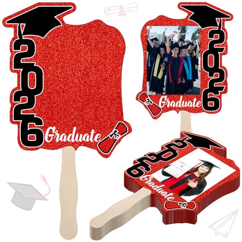 24 Pcs Graduation Cutout Face Fans with Handle Double Sided Personalized Grad Party Supplies Class of 2026 Grad Photo Props Blank DIY Photo Frame Graduation Party Souvenirs(Classic,Red)