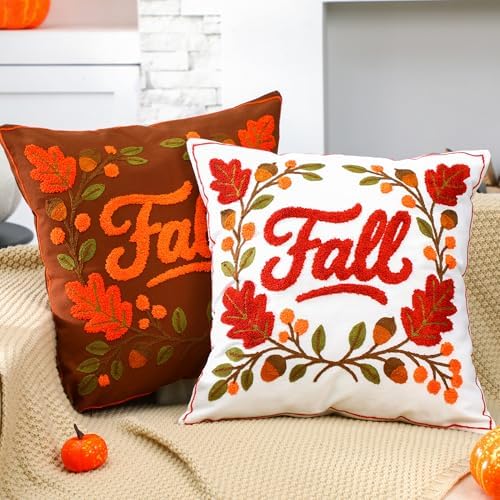 Yookeer 2 Pcs Fall Embroidered Pillow Covers 18 x 18 Inches Fall 3D Embroidery Pillow Covers Decorative Maple Leaves Farmhouse Throw Case for Autumn Thanksgiving Home Sofa Couch Decor