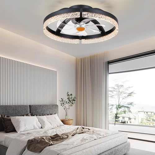 Image of Mpayel 20 inch Ceiling Fans with Lights and Remote, Modern Low Profile Fandelier Ceiling Fan with Light, Quiet DC Motor, 6 Speeds, 3CCT Dimmable Bladeless Flush Mount LED Fan Light for Bedroom