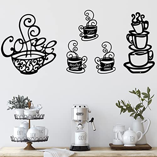 5 Pieces Metal Coffee Cup Wall Decor Black Coffee Cup Wall Silhouette Signs Cafe Themed Metal Wall Arts Vintage Coffee Cup Wall Decoration for Coffee Shop Coffee Bar Kitchen Restaurant Lounge Decor