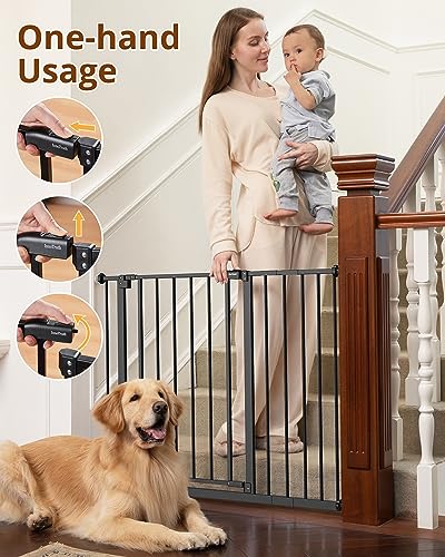 Image of InnoTruth 28.9-42.1" Wide Baby Gate for Stairs, 30" Tall Dog Gates for Doorways Expandable One-Hand Open, Easy Walk Through Dual Lock Metal Pet Gates for Dogs, Black-Family & Mom's Choice Award Winner