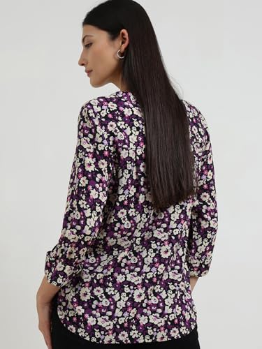 Image of FableStreet Women Shirt Work & Casual | Relaxed Fit Mandarin V-Neck Three-Quarter Sleeves Solid Pattern | Breathable Woven Fabric for Office & Everyday Wear