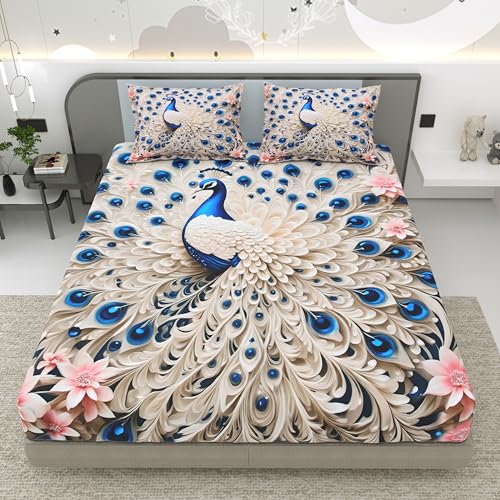 Image of Dream Weaverz 7D Bedsheet for Double Bed King Size with 2 Pillow Covers | Digital Printed & Fitted Elastic for Kids | Soft Glaze Cotton Feel | Fits Upto 12 Inch Mattress (Peacock)