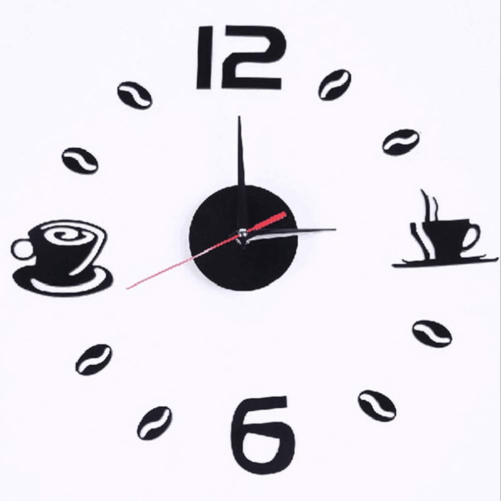 Large Frameless Wall Clock Kit Silent Non Ticking 3D Modern DIY Coffee Tea Cup Wall Clock with Mirror Number Stickers for Living Room Bedroom Kitchen Office Decoration(Coffee Tea Cup)