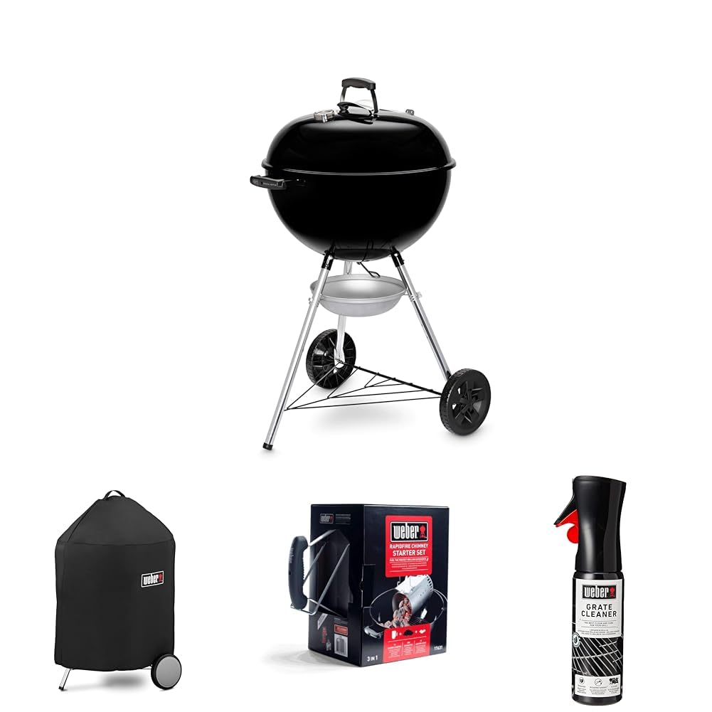 Bundle-Weber Original Kettle Charcoal Grill Barbecue,57cm E-5710 BBQ Grill with Lid Cover,Thermometer, Stand & Wheels Freestanding Outdoor Oven & Cooker with Porcelain-Enamelled Bowl-Black (14101004)