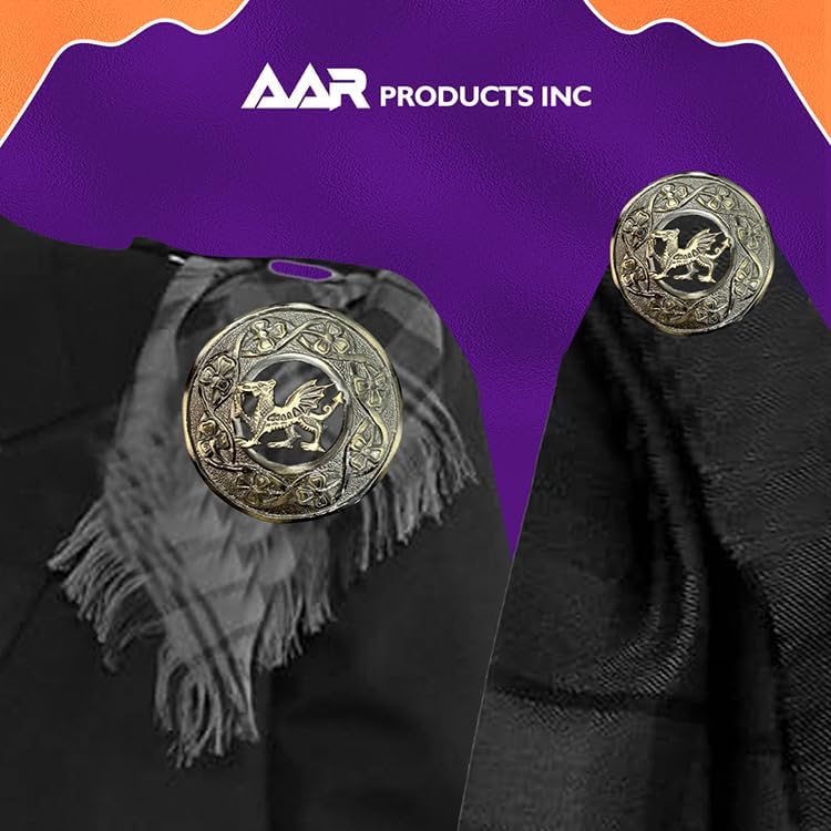 AAR Men,s Scottish Irish Shamrock Kilt Brooch Fly Plaid Antique/Chrome Finish 3" (7cm) diameter S - Image 4