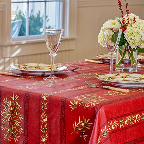 Amelie Michel Wipe-Clean Tablecloth In Olives, Red | Authentic French Acrylic-Coated 100% Cotton Fabric | Easy Care, Spill Proof [60" X 96" Rectangle] #TOP3