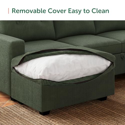 Image of HONBAY 106.2 Inch U-Shaped Sectional Sleeper Sofa with Pull-Out Bed & Storage Ottoman, 7-Seater Sectional Sofa for Living Room, Pet-Resistant Corduroy Couch, Green