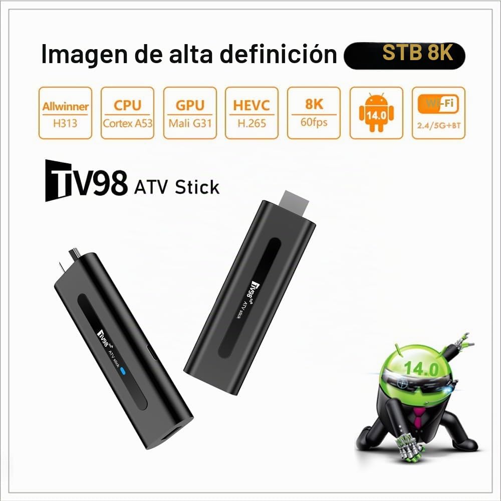 Android 14.0 TV Stick Box, Reproductor de Streaming 8K UHD 2026, Smart TV Box con 2 GB de RAM y 16 GB de ROM, Doble WiFi 2,4 GHz/5,8 GHz, Reproductor Multimedia HDMI Plug & Play