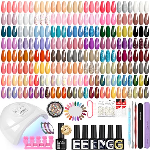 Phoenixy 60Pcs Kit Ongle Gel UV Complet avec Lampe UV 48W, 54 Couleus Vernis Semi permanent Nude Rose Violet Bleu Base et Top Coat de Pailleté Glossy Matte Doré Décorations et Outils pour Ongles Kit