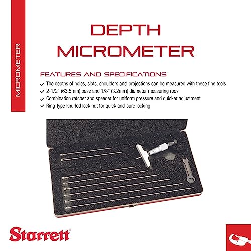 Starrett Micrometer Depth Gage a Combination Ratchet and Speeder in Case - Ratchet Thimble, 0-9" Range, 0.001" Graduation, 2-1/2" Base, 9 Rods - 440Z-9RL