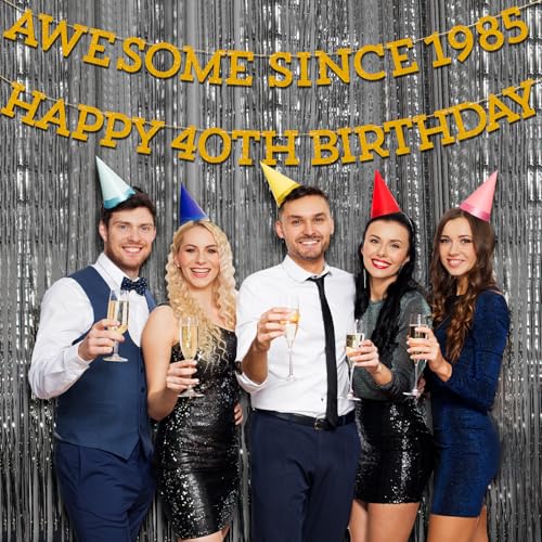 Image of Awesome Since 1985 Banner, Gold Glitter 40th Birthday Garland Decorations for Men and Women Happy 40 Years Old Birthday and Anniversary Party Decor Supplies, Pre-Strung